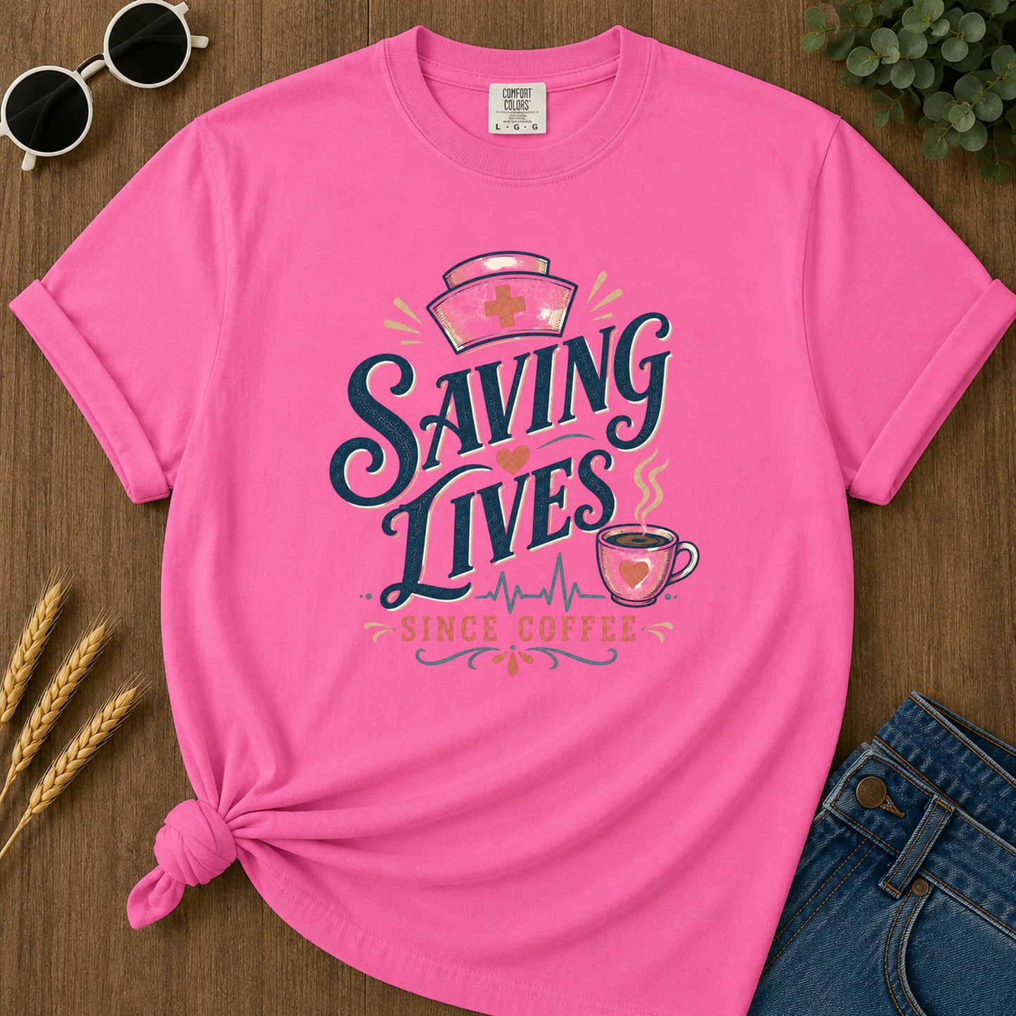 Saving Lives Since Coffee T-Shirt - Neon Pink Mockup