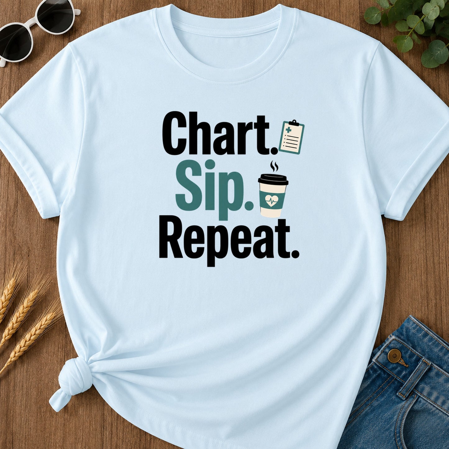 Chart Sip Repeat T-Shirt - Chambray Mockup