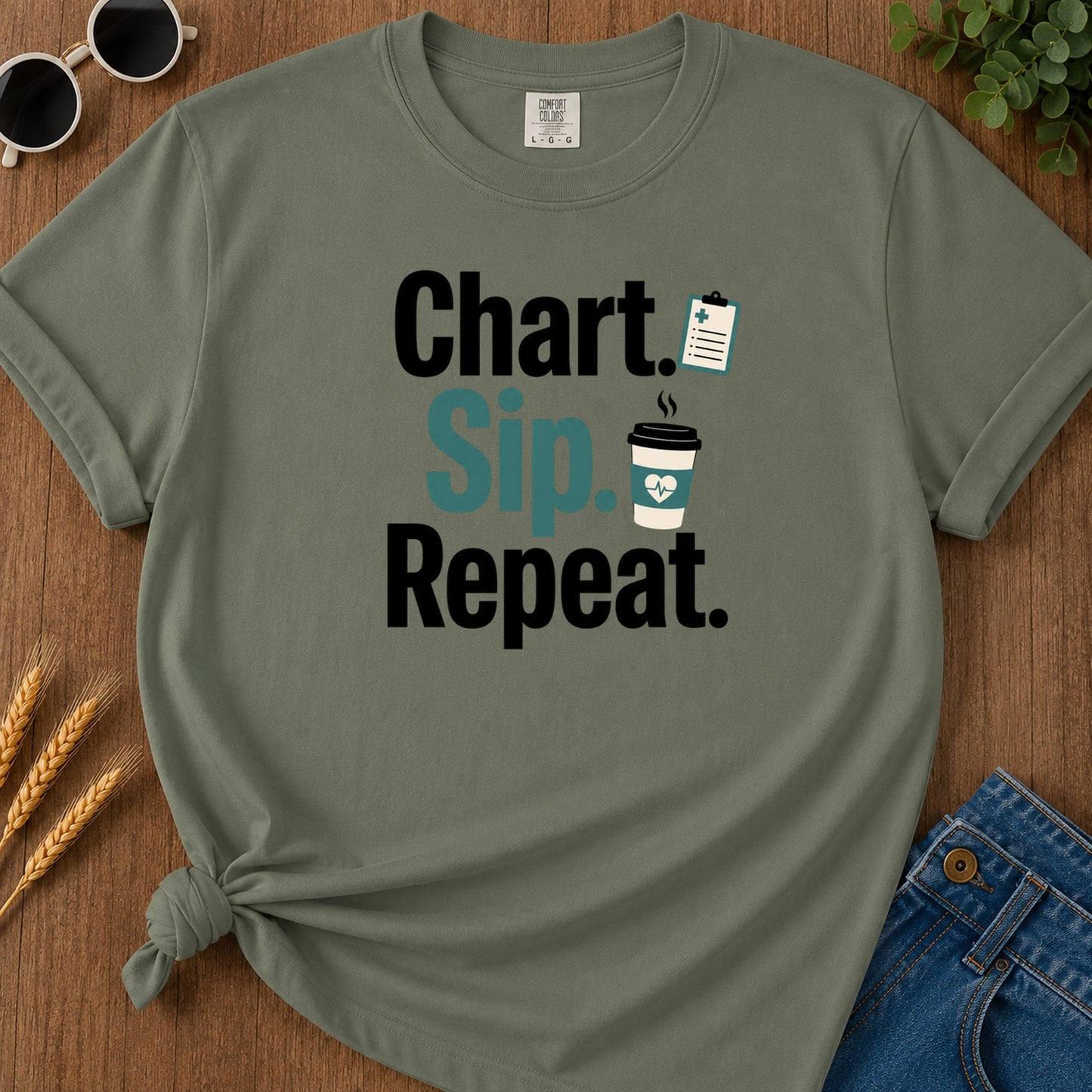 Chart Sip Repeat T-Shirt - Moss Mockup