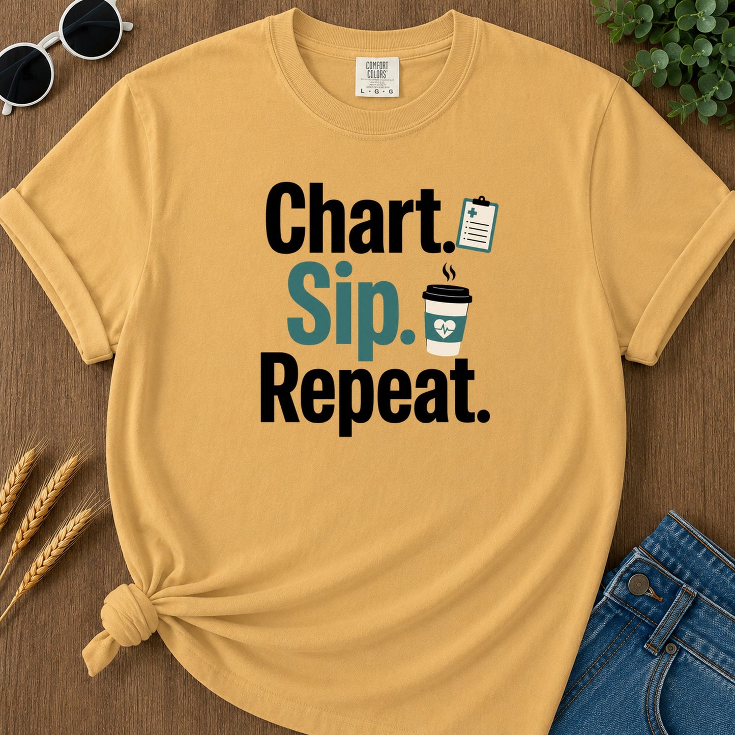 Chart Sip Repeat T-Shirt - Mustard Mockup