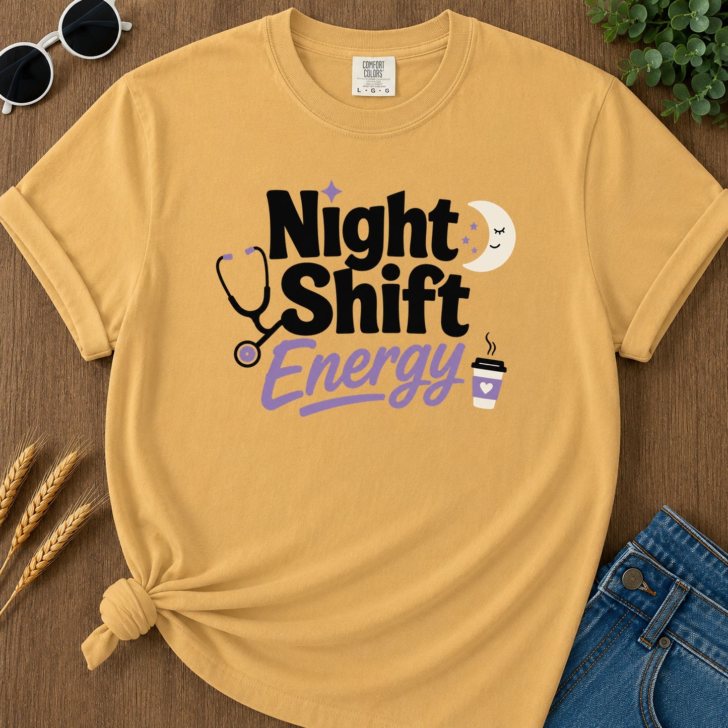 Night Shift Energy T-Shirt - Mustard Mockup