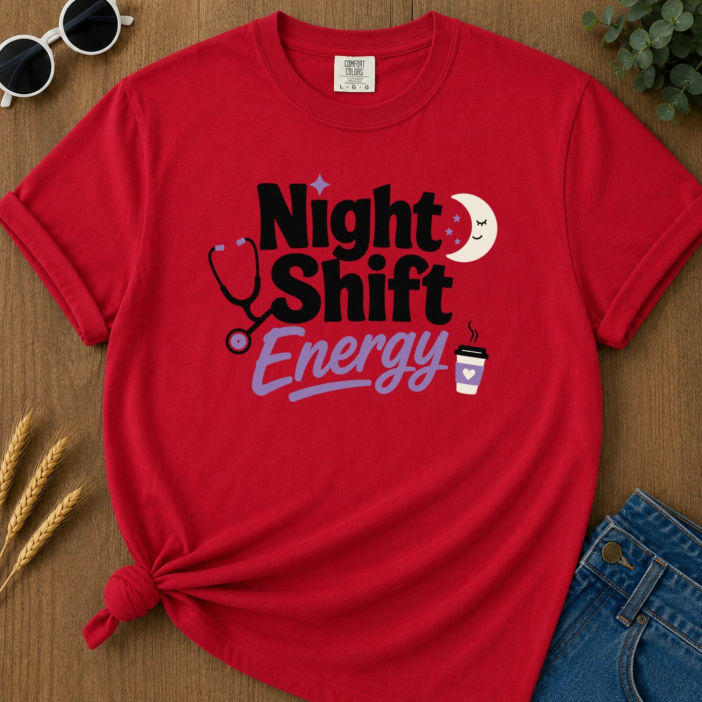 Night Shift Energy T-Shirt - Red Mockup