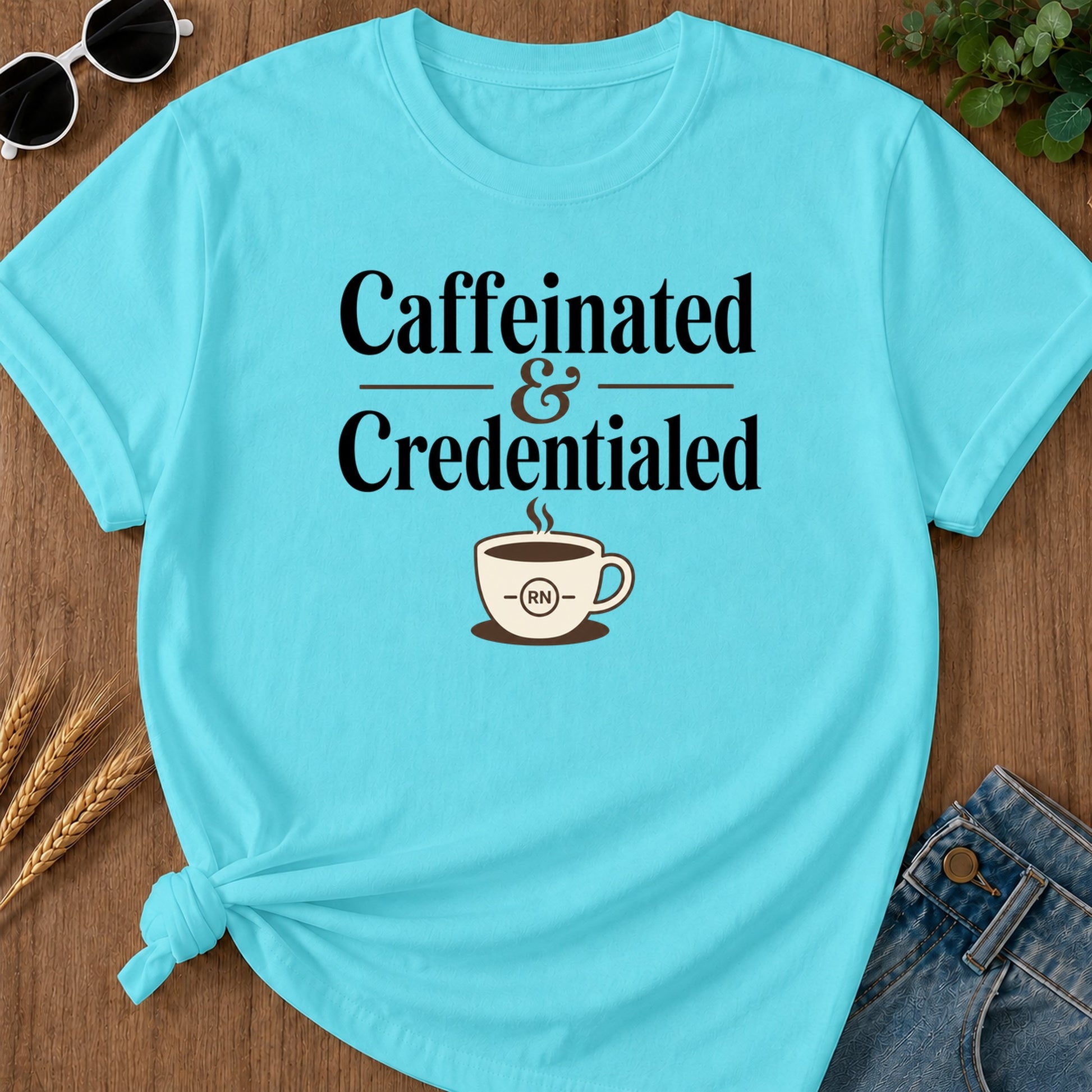 Caffeinated Credentialed T-Shirt - Lagoon Blue Mockup