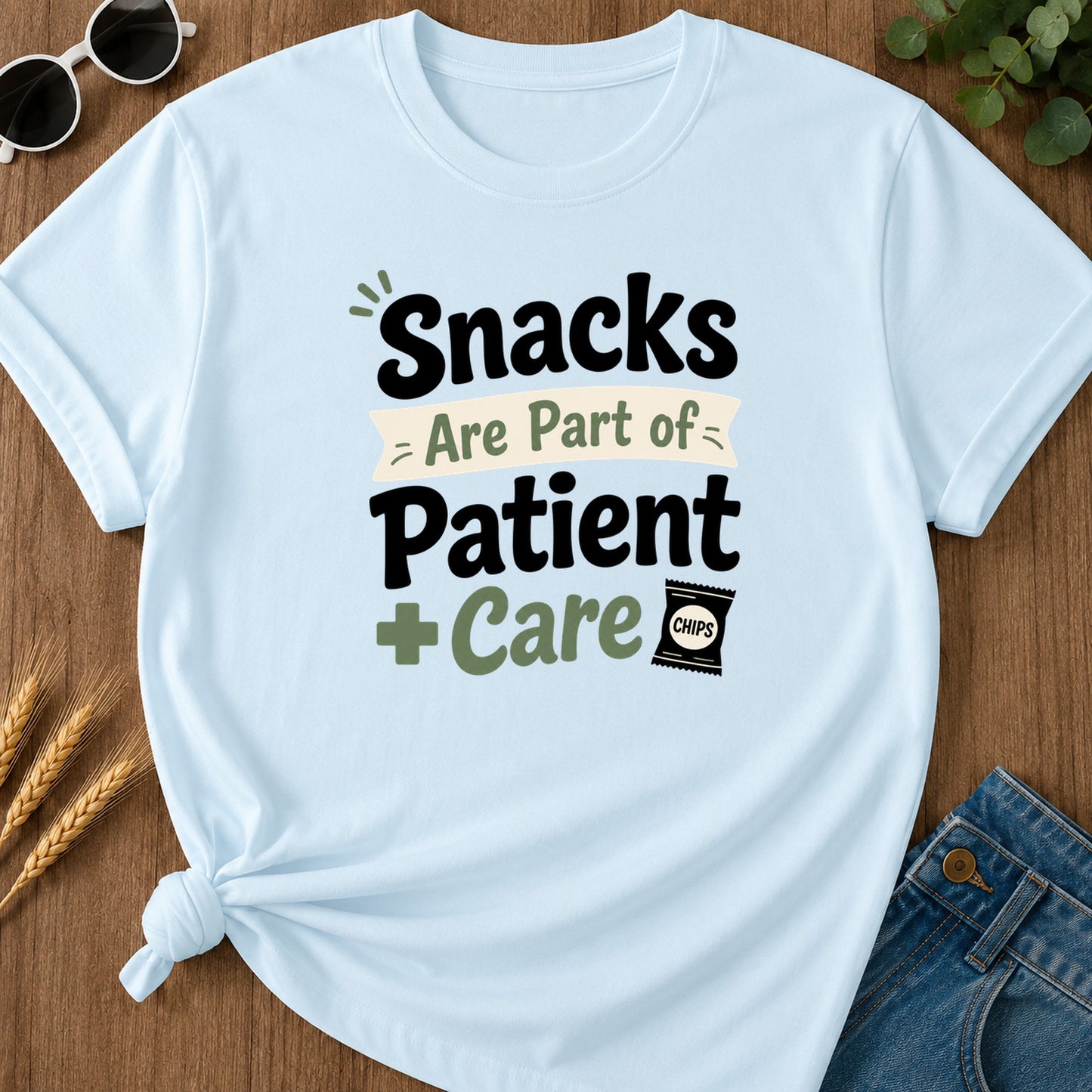 Snacks Patient Care T-Shirt - Chambray Mockup