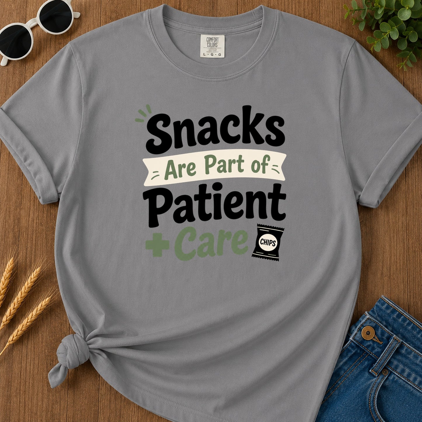 Snacks Patient Care T-Shirt - Grey Mockup