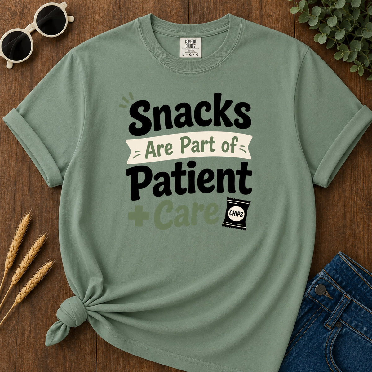 Snacks Patient Care T-Shirt - Light Green Mockup