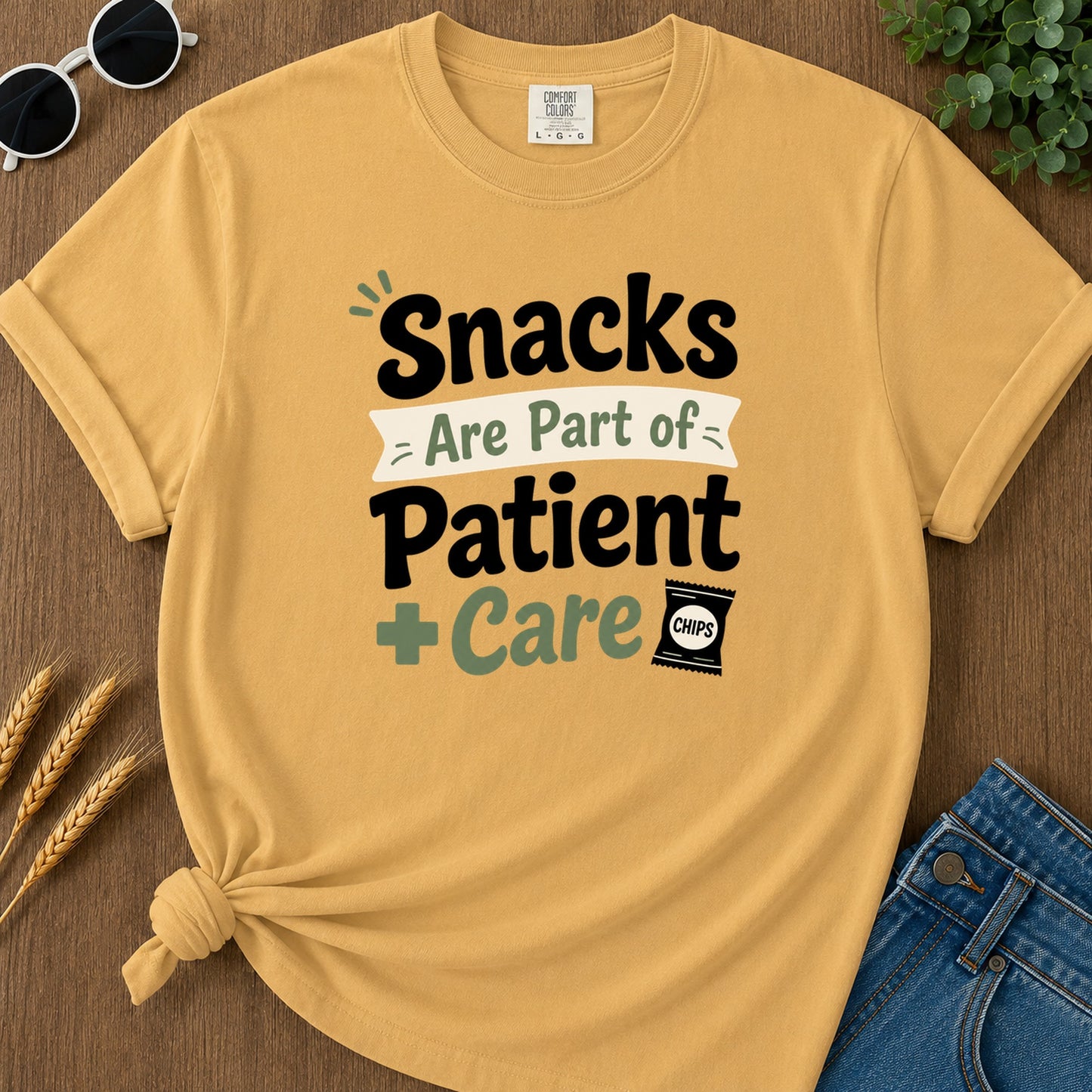 Snacks Patient Care T-Shirt - Mustard Mockup
