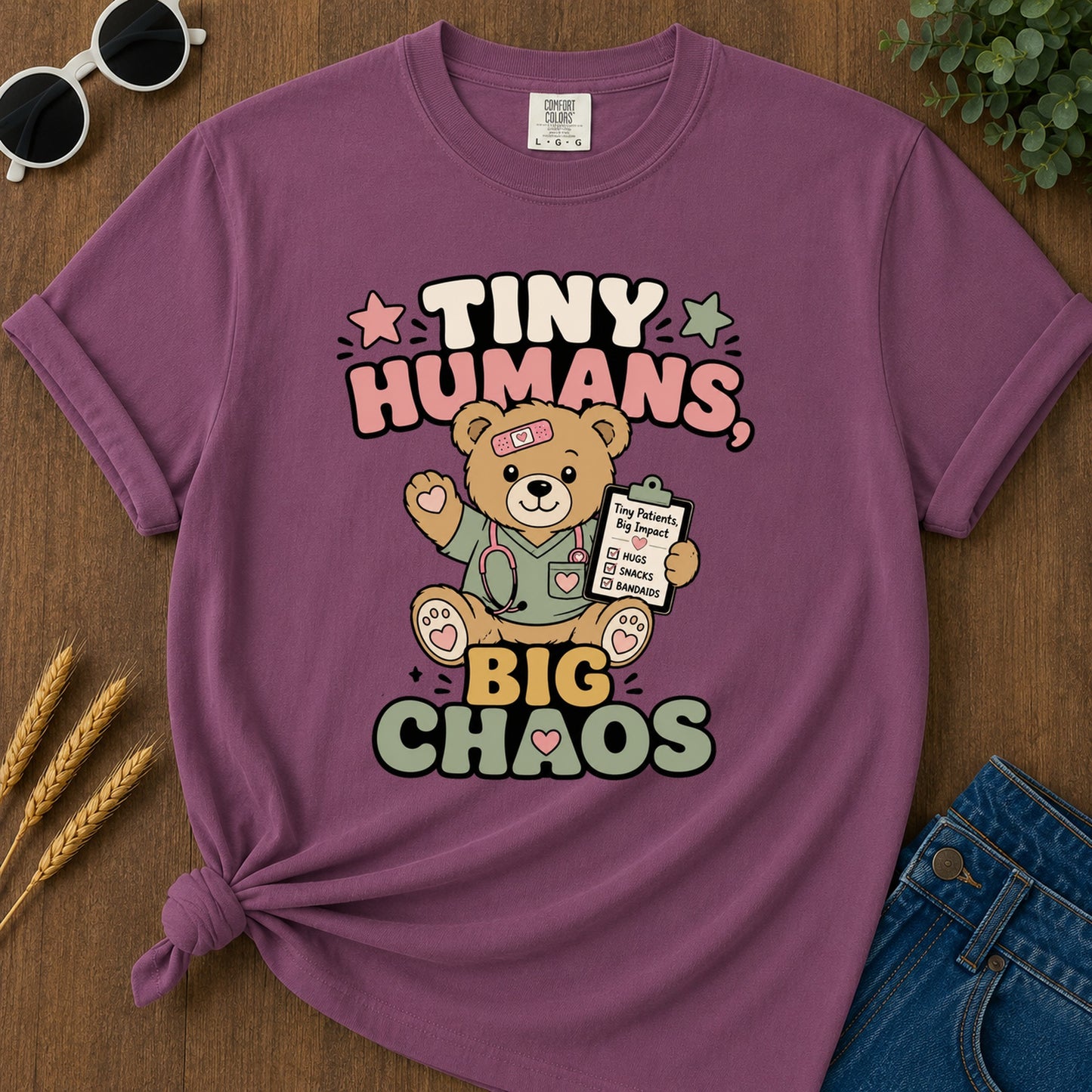 Tiny Humans Big Chaos T-Shirt - Berry Mockup