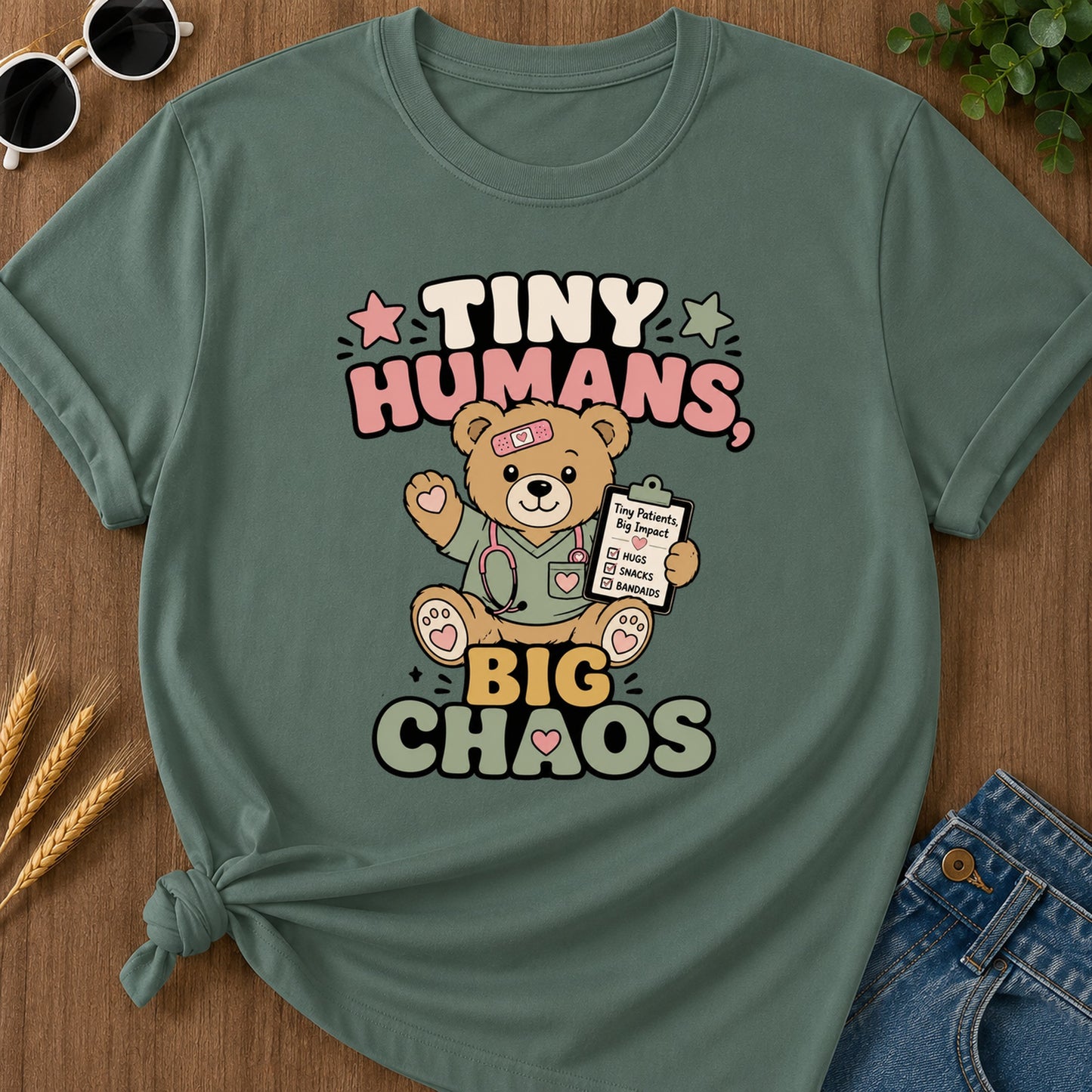 Tiny Humans Big Chaos T-Shirt - Blue Spruce Mockup