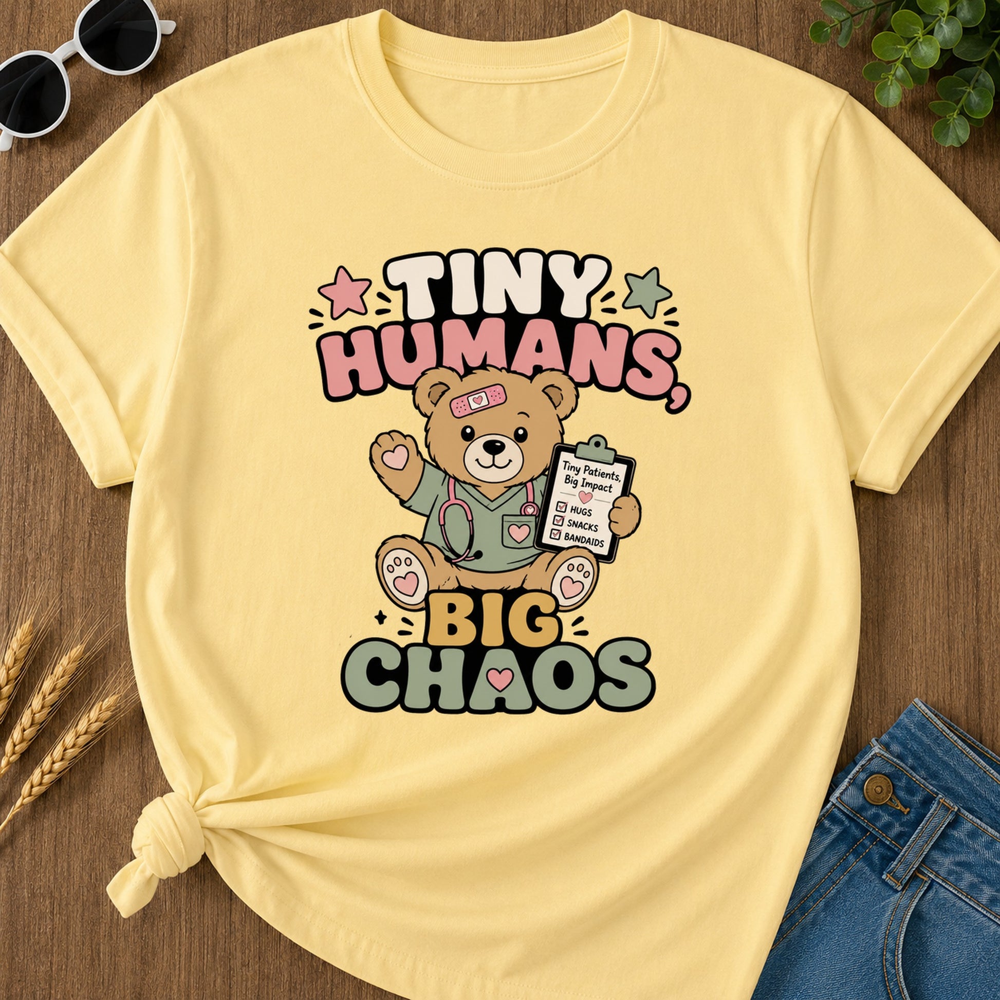 Tiny Humans Big Chaos T-Shirt - Butter Mockup