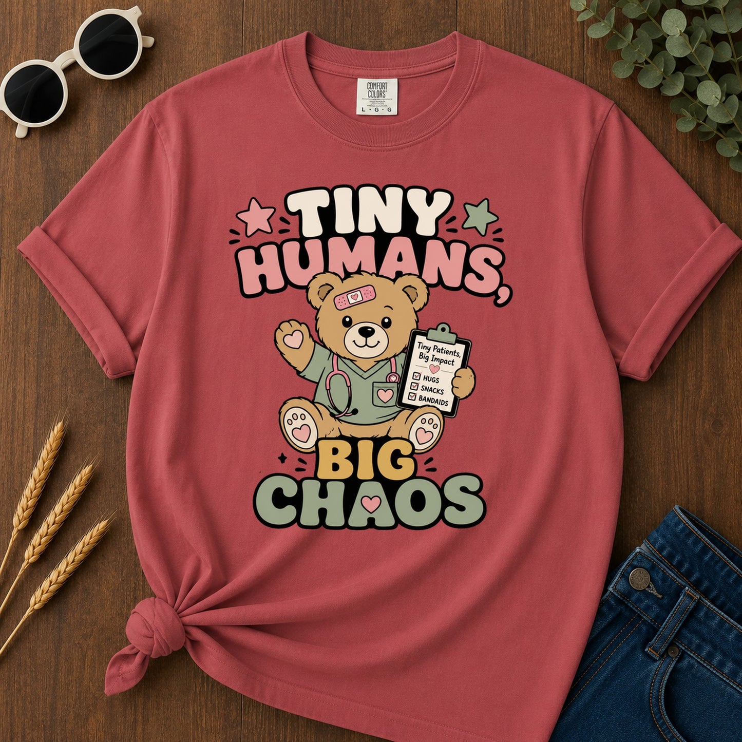 Tiny Humans Big Chaos T-Shirt - Crimson Mockup