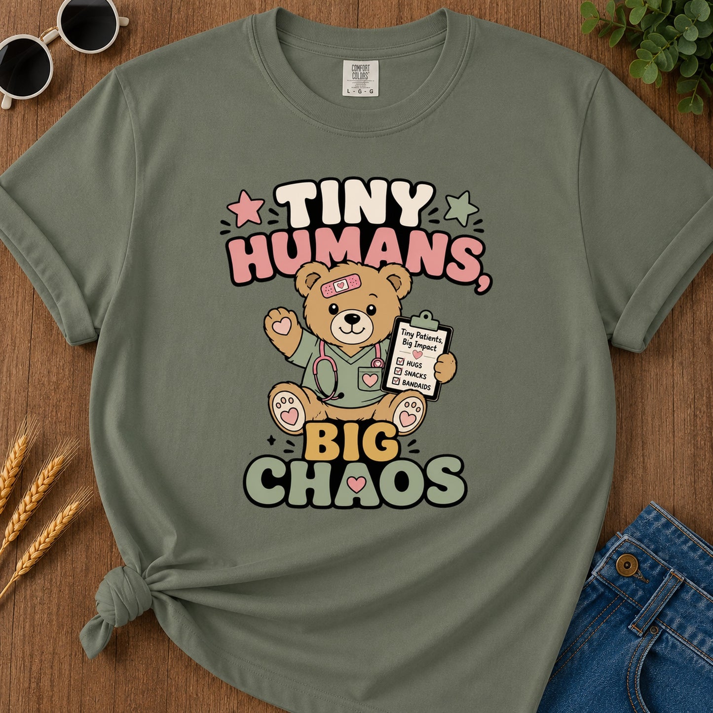 Tiny Humans Big Chaos T-Shirt - Moss Mockup