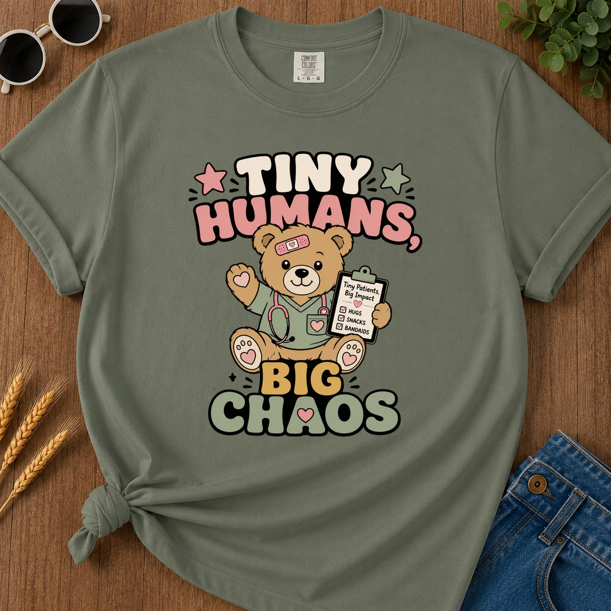 Tiny Humans Big Chaos T-Shirt - Moss Mockup