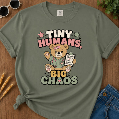 Tiny Humans Big Chaos T-Shirt - Moss Mockup