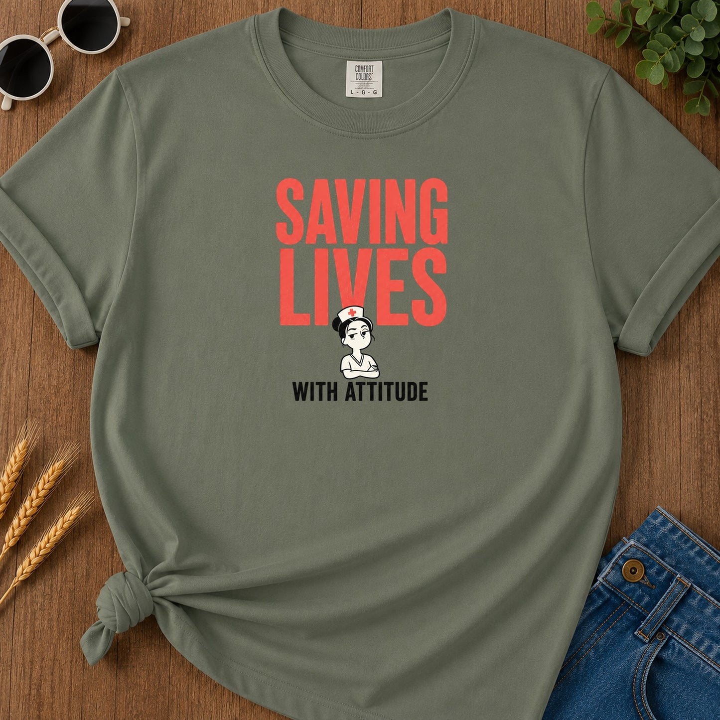 Saving Lives T-Shirt - Moss Mockup