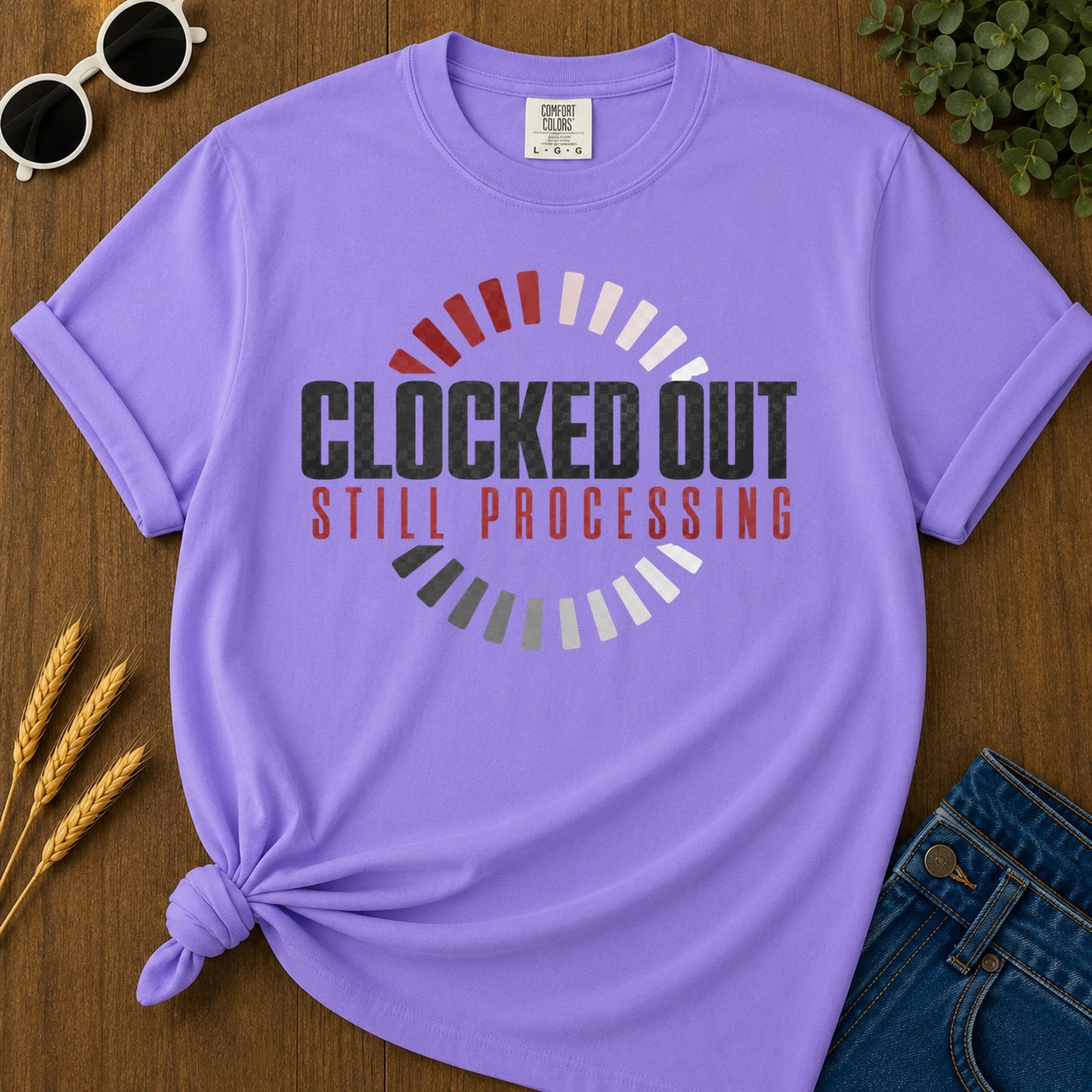 Clocked Out Still Processing T-Shirt - Violet Mockup