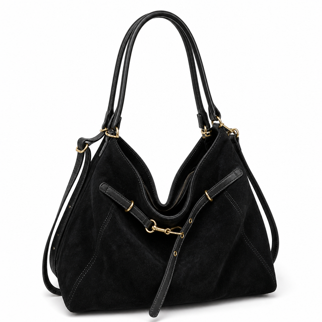 Suede Tote Bag with Shoulder Strap - Black approved catalog image | RAYZORA