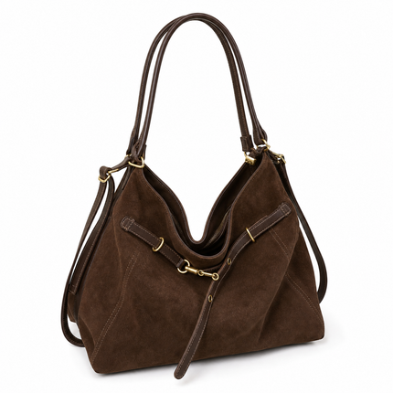 Suede Tote Bag with Shoulder Strap - Brown approved catalog image | RAYZORA