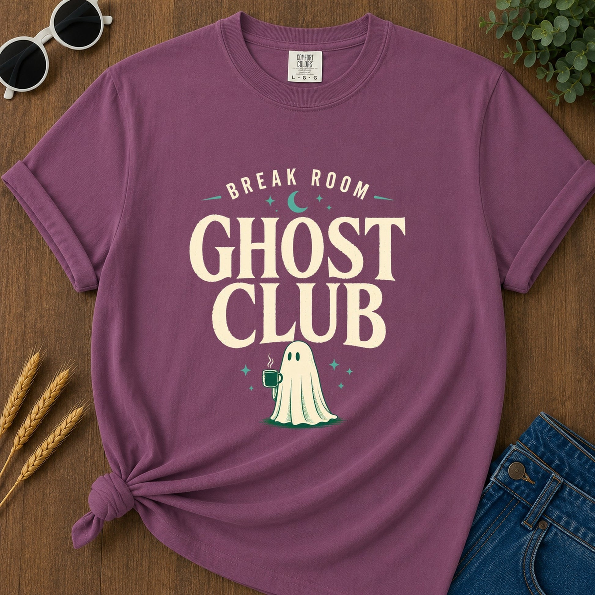 break-room-ghost-club-t-shirt-1 - 008-break-room-ghost-club - Berry flat mockup 02 visual redo 2048 | RAYZORA