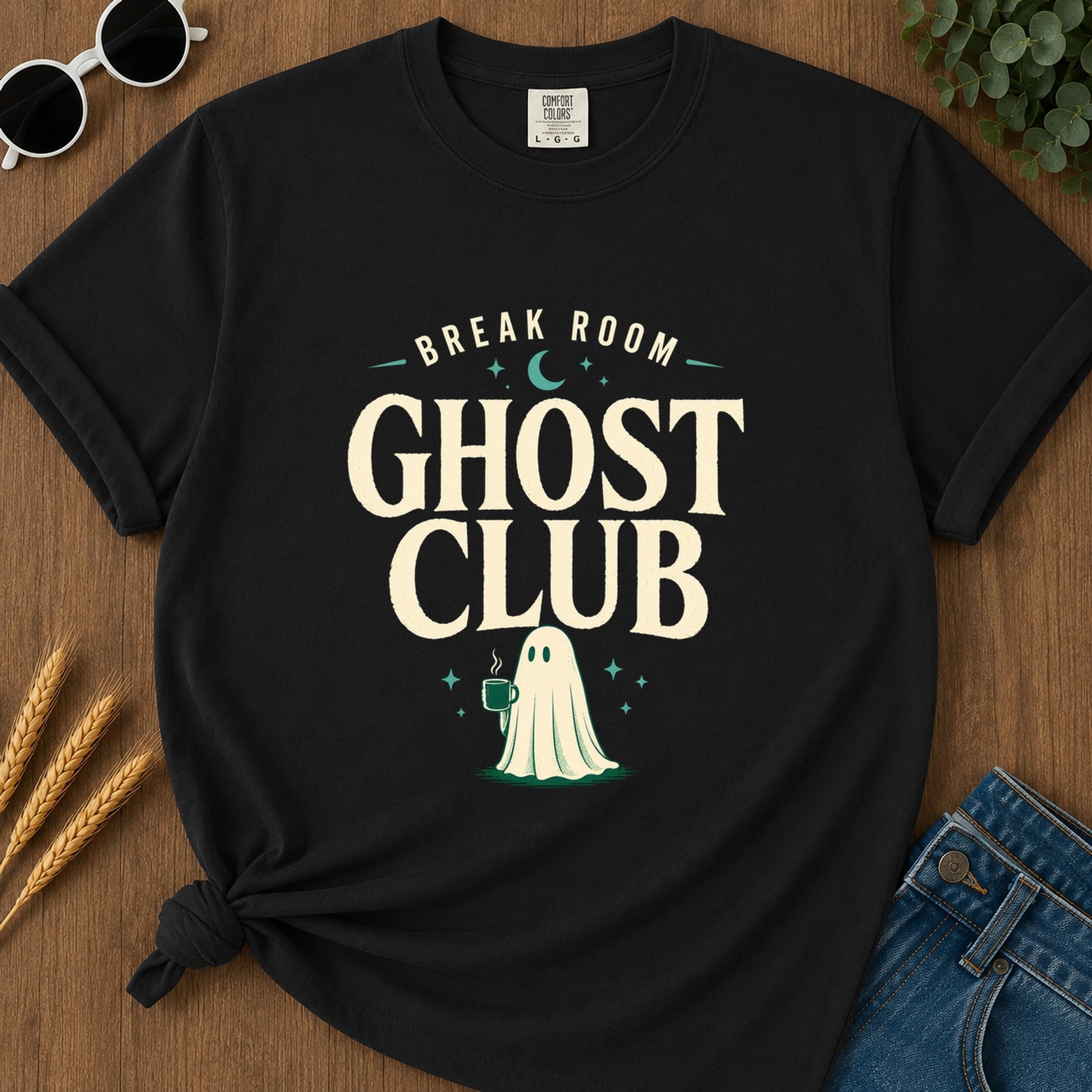 break-room-ghost-club-t-shirt-1 - 008-break-room-ghost-club - Black flat mockup 02 visual redo 2048 | RAYZORA