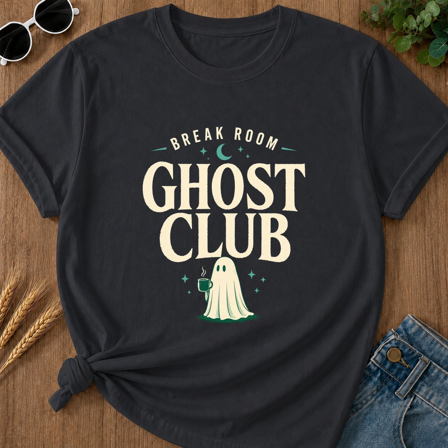 break-room-ghost-club-t-shirt-1 - 008-break-room-ghost-club - Graphite flat mockup 02 visual redo 2048 | RAYZORA