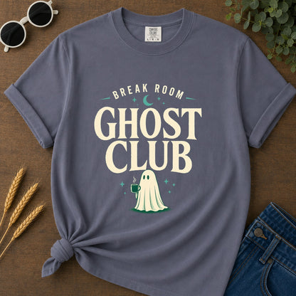 break-room-ghost-club-t-shirt-1 - 008-break-room-ghost-club - Navy flat mockup 02 visual redo 2048 | RAYZORA