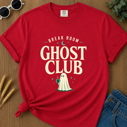 break-room-ghost-club-t-shirt-1 - 008-break-room-ghost-club - Red flat mockup 02 visual redo 2048 | RAYZORA