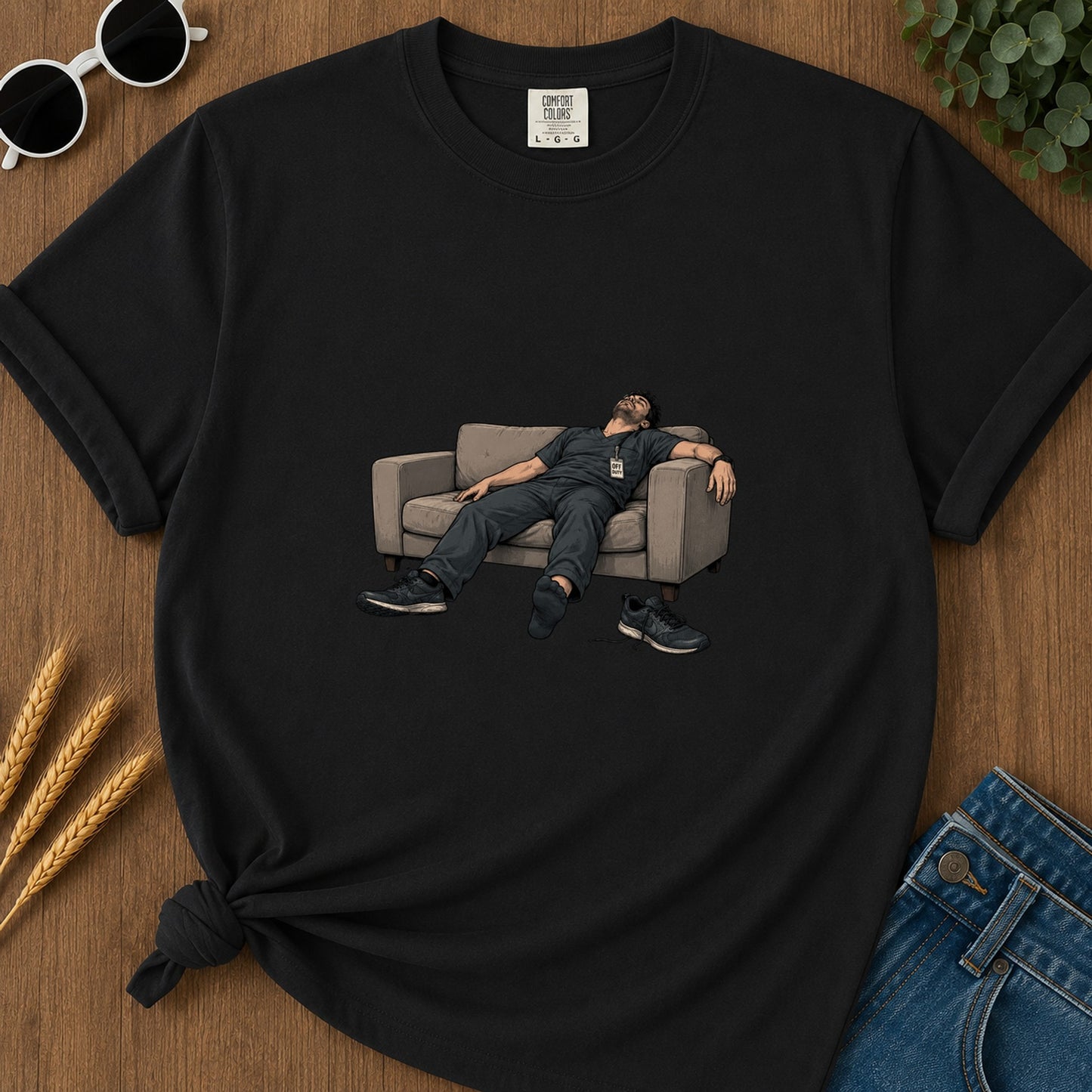 off-duty-couch-t-shirt - 154-off-duty-couch - Black flat mockup 02 visual redo 2048 | RAYZORA