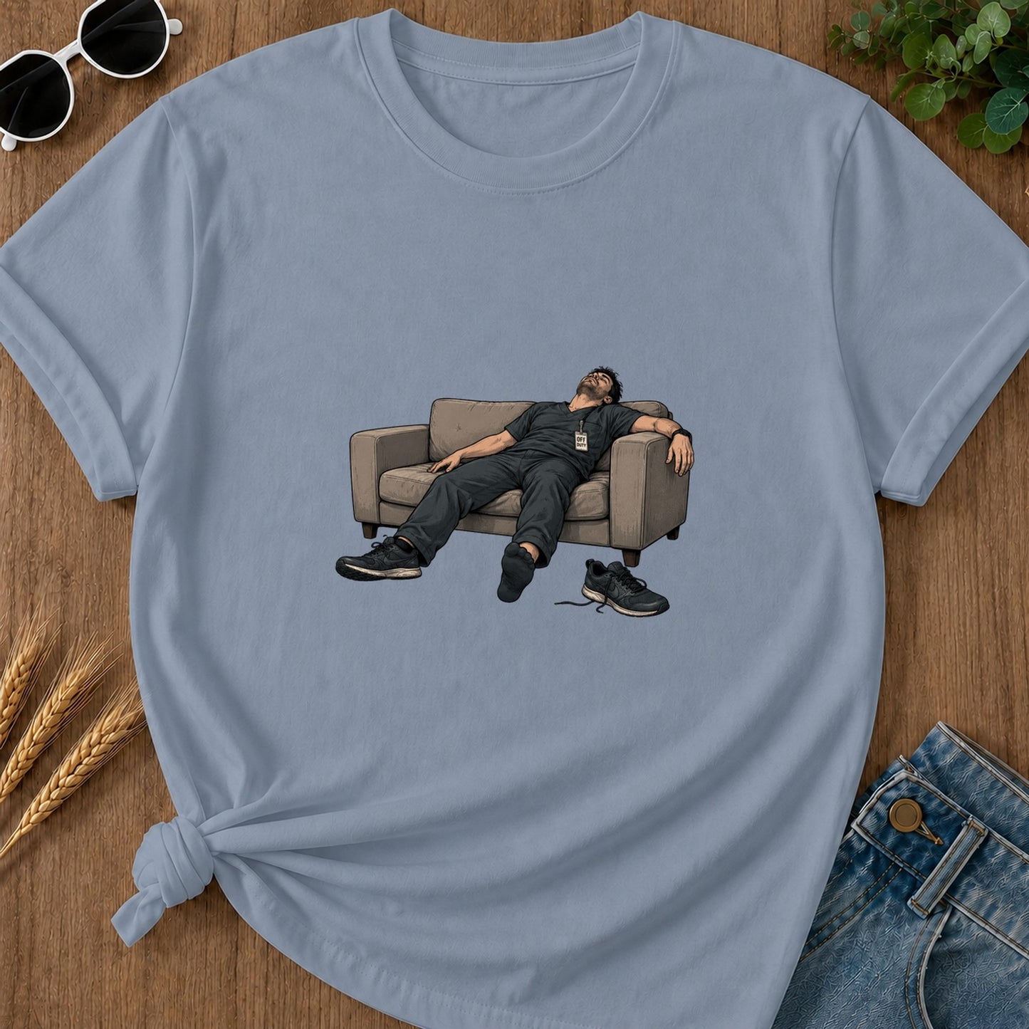off-duty-couch-t-shirt - 154-off-duty-couch - Blue Jean flat mockup 02 visual redo 2048 | RAYZORA