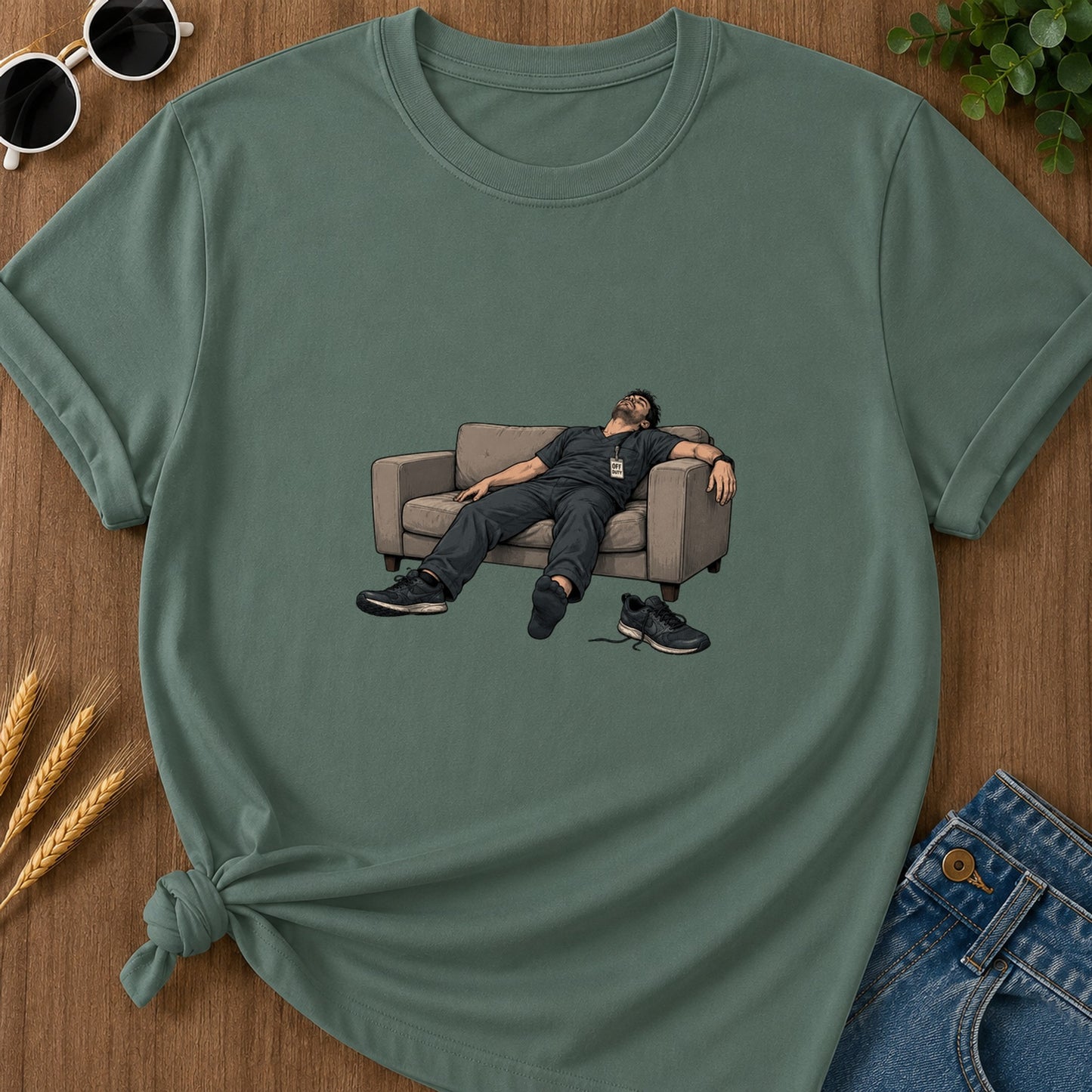 off-duty-couch-t-shirt - 154-off-duty-couch - Blue Spruce flat mockup 02 visual redo 2048 | RAYZORA