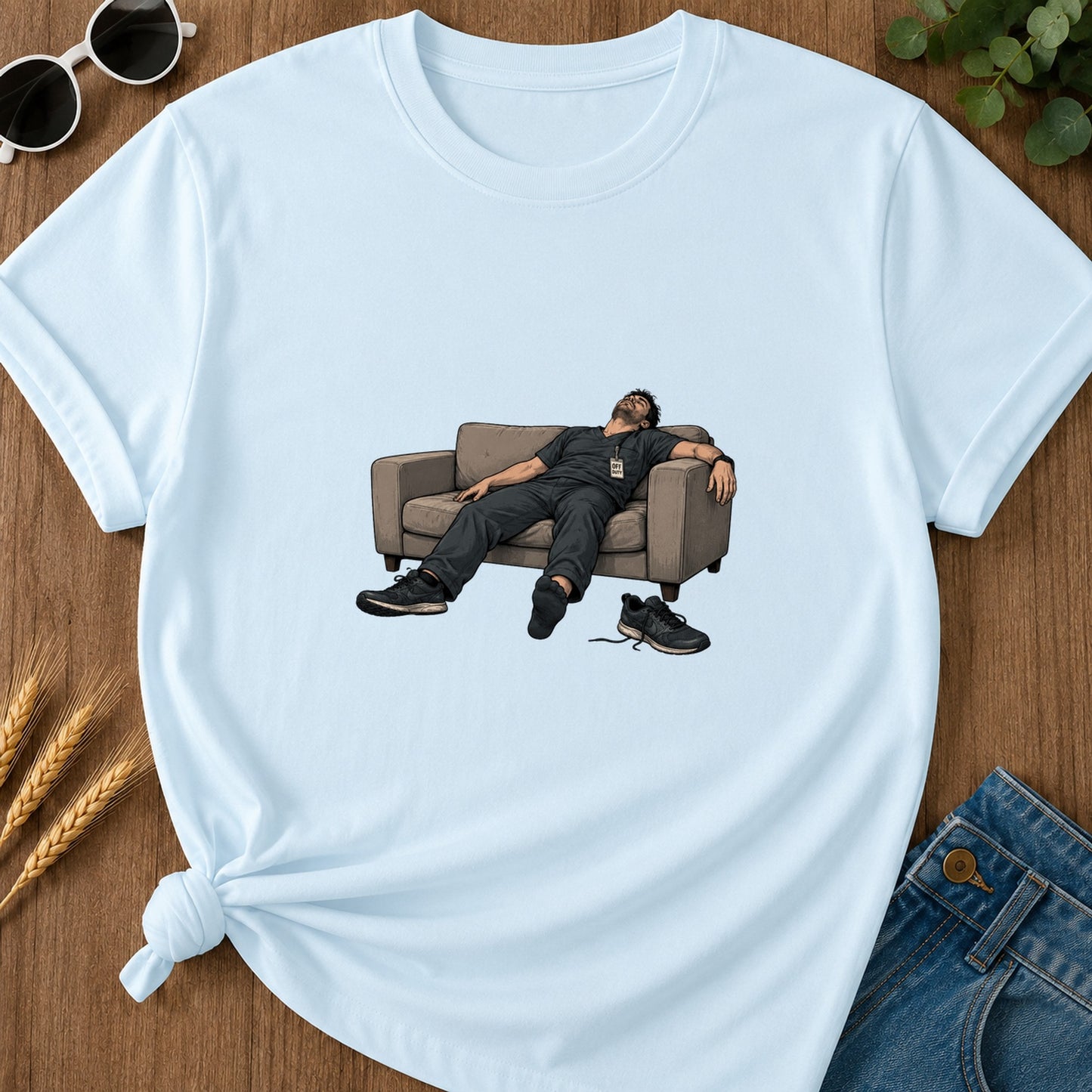 off-duty-couch-t-shirt - 154-off-duty-couch - Chambray flat mockup 02 visual redo 2048 | RAYZORA