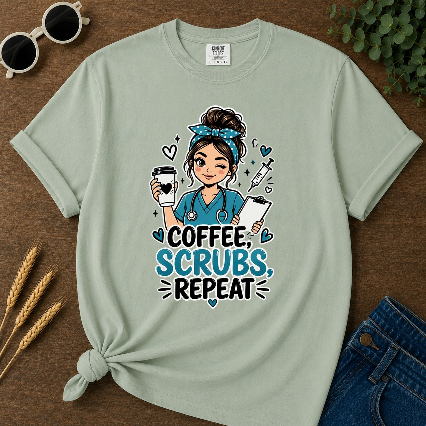 Coffee Scrubs Repeat T-Shirt - Bay Mockup