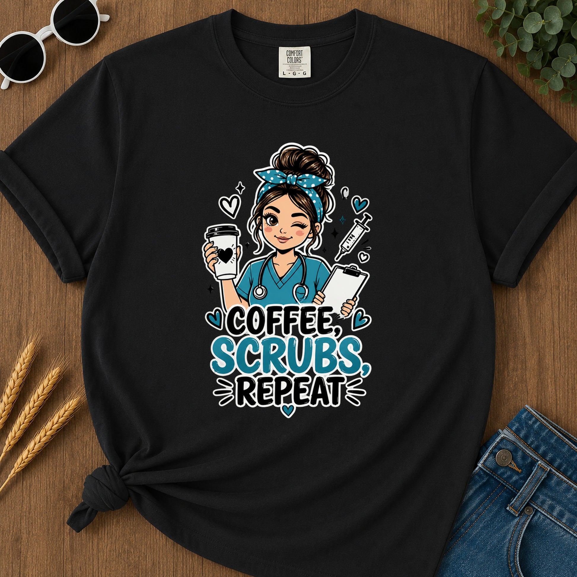 Coffee Scrubs Repeat T-Shirt - Black Mockup
