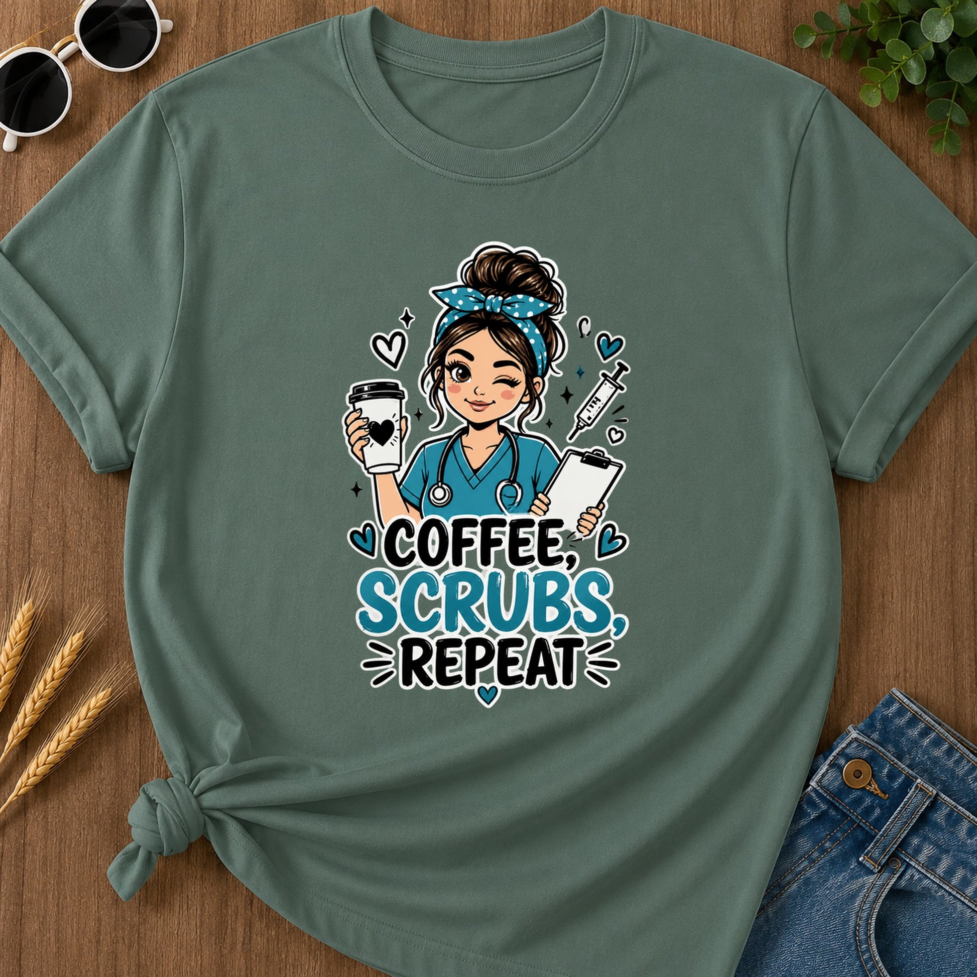 Coffee Scrubs Repeat T-Shirt - Blue Spruce Mockup