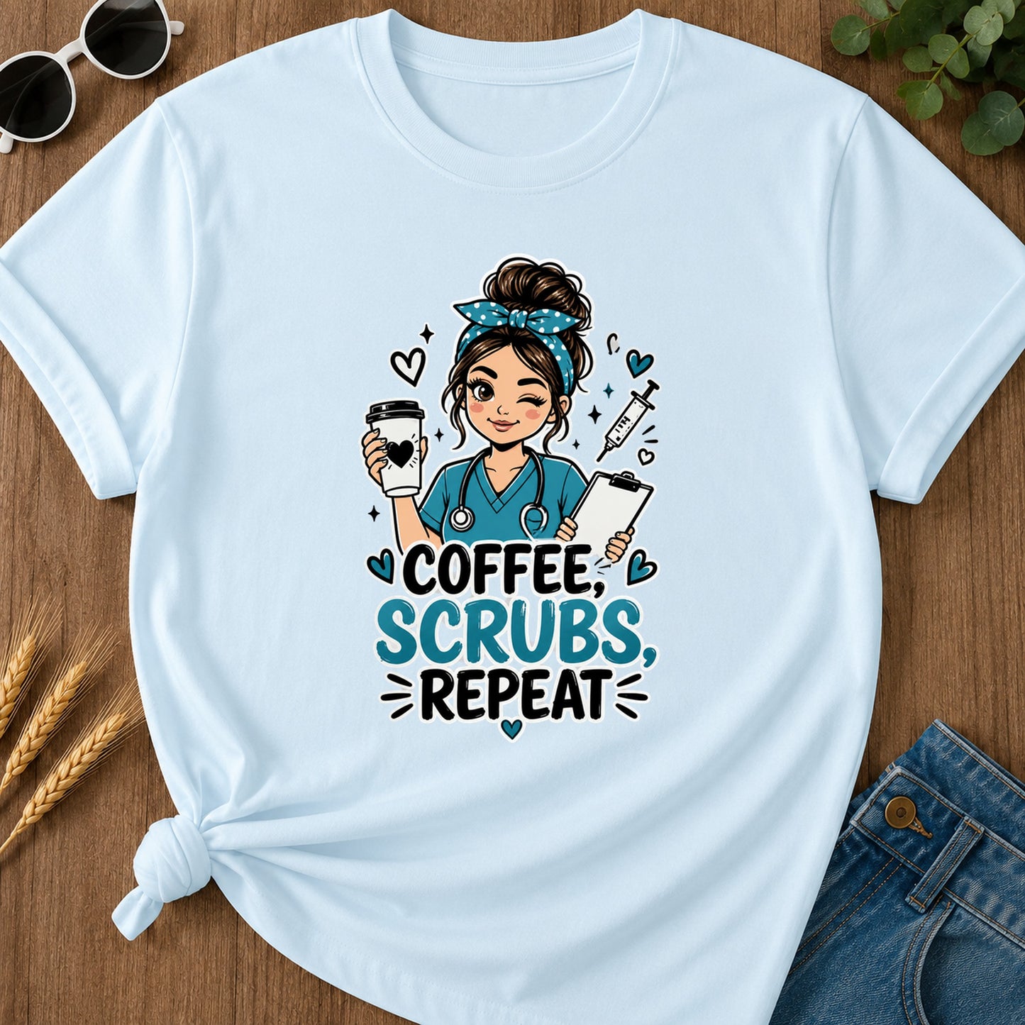 Coffee Scrubs Repeat T-Shirt - Chambray Mockup