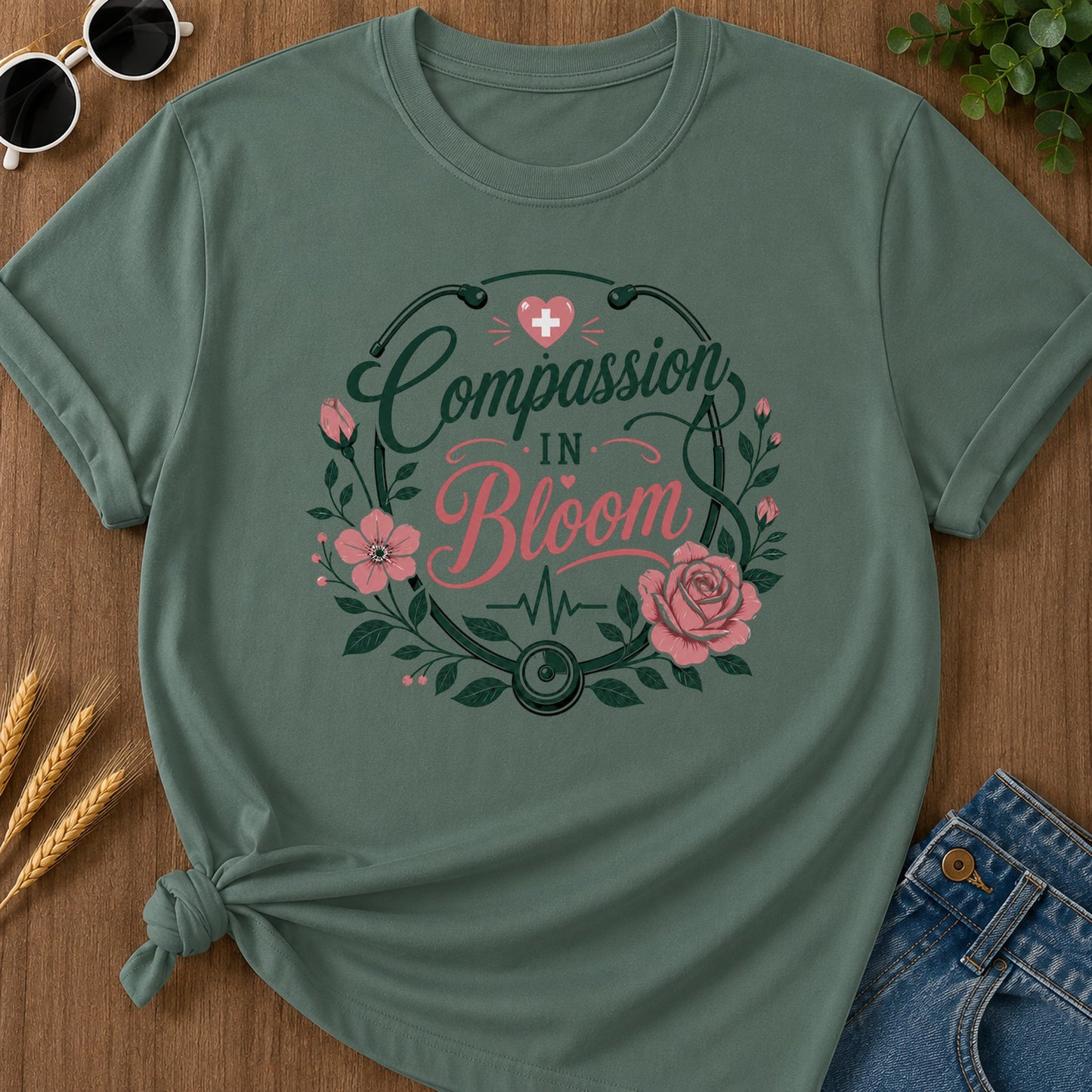 Compassion Bloom T-Shirt - Blue Spruce Mockup