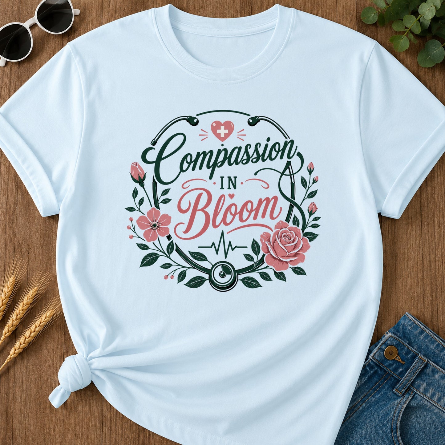 Compassion Bloom T-Shirt - Chambray Mockup