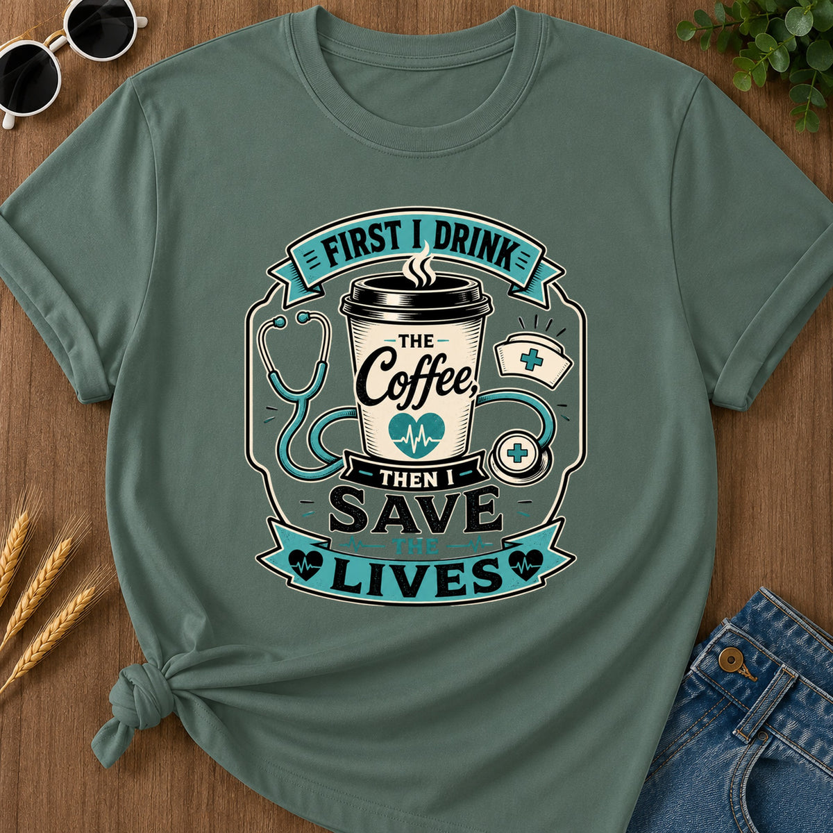 First Drink Coffee T-Shirt - Blue Spruce Mockup