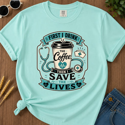 First Drink Coffee T-Shirt - Chalky Mint Mockup
