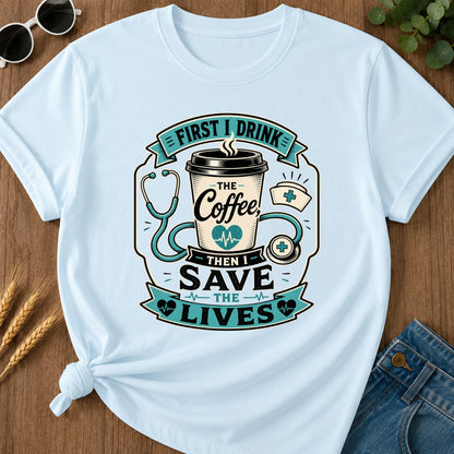 First Drink Coffee T-Shirt - Chambray Mockup