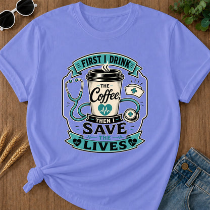 First Drink Coffee T-Shirt - Flo Blue Mockup