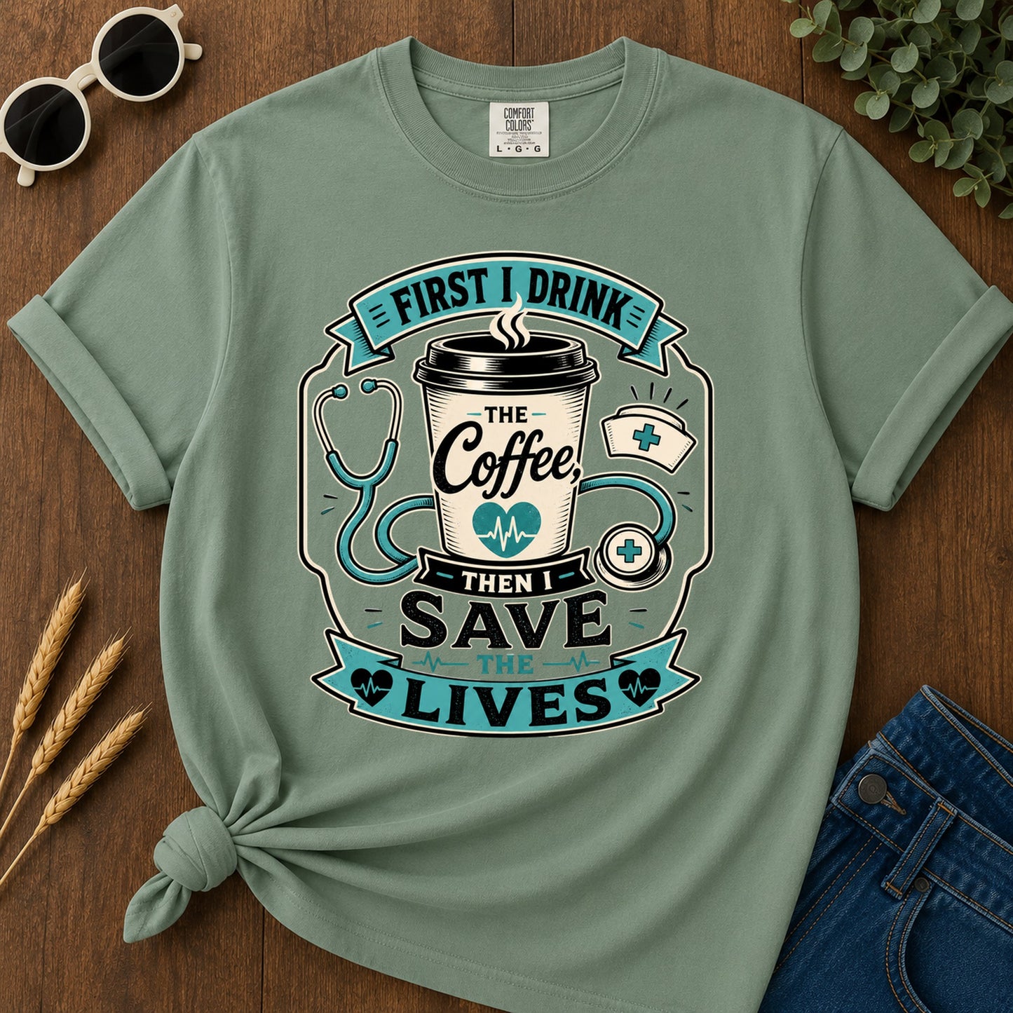 First Drink Coffee T-Shirt - Light Green Mockup