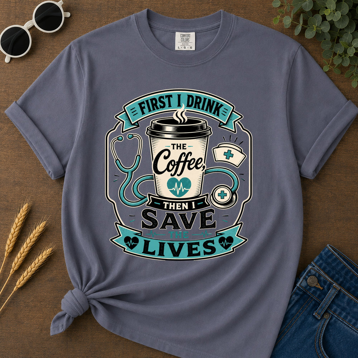 First Drink Coffee T-Shirt - Navy Mockup
