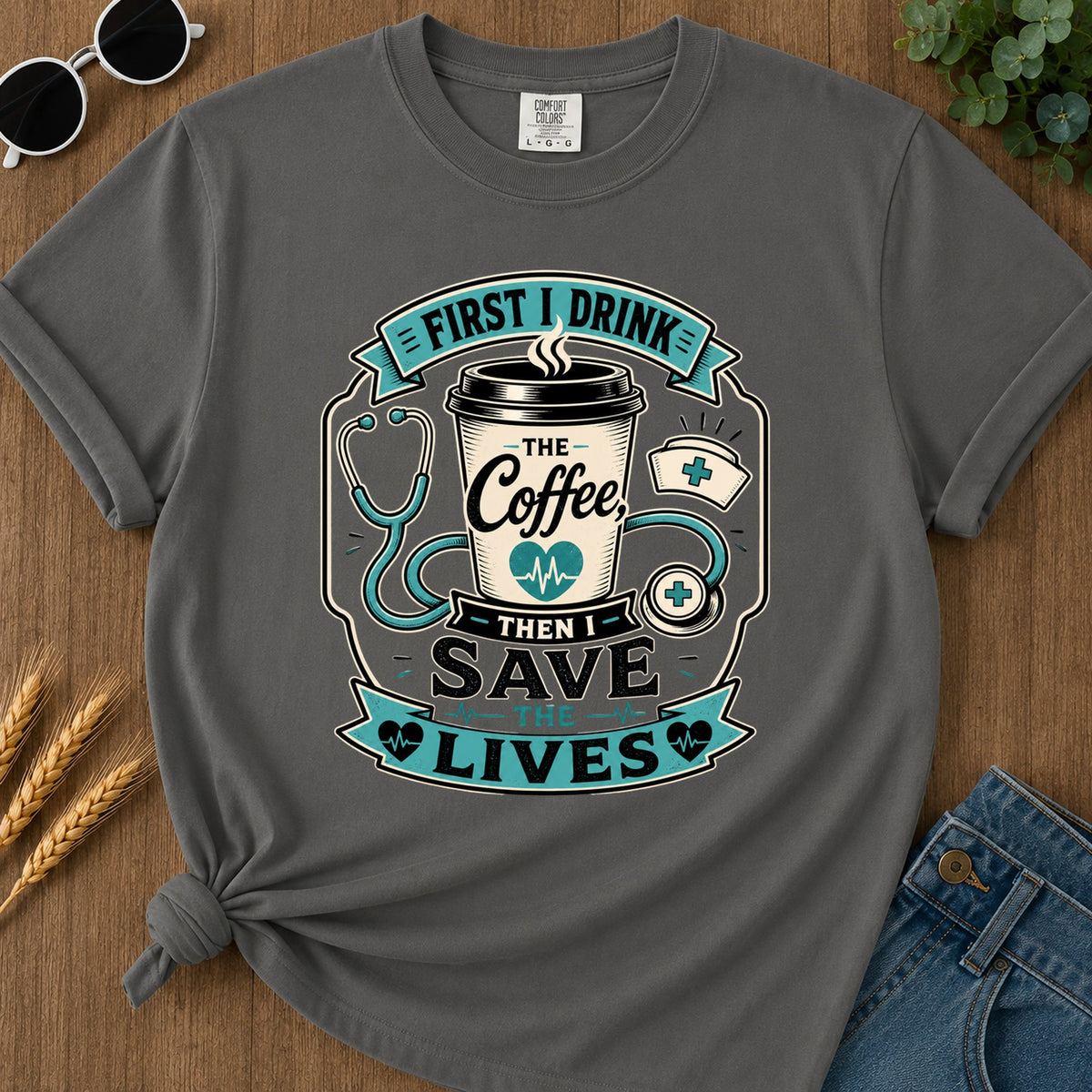First Drink Coffee T-Shirt - Pepper Mockup