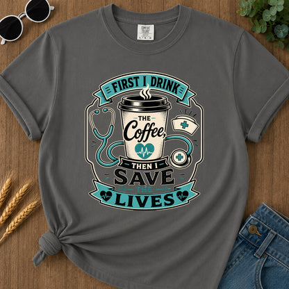 First Drink Coffee T-Shirt - Pepper Mockup