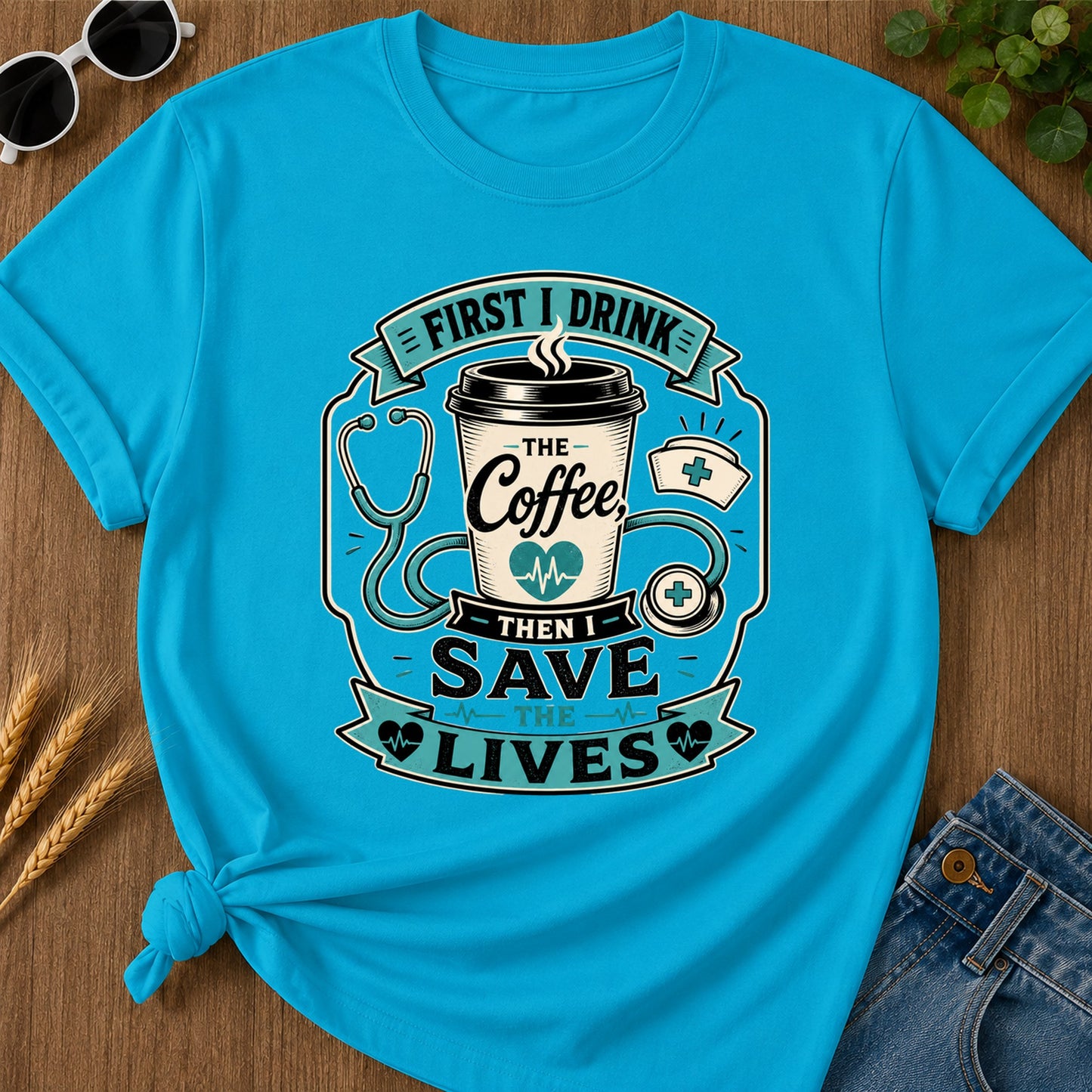 First Drink Coffee T-Shirt - Sapphire Mockup