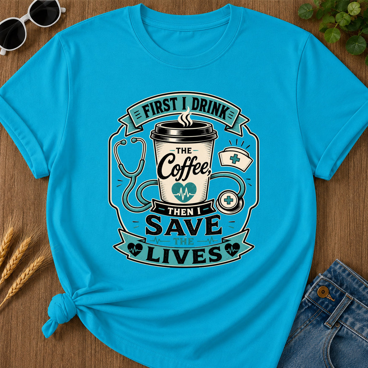 First Drink Coffee T-Shirt - Sapphire Mockup