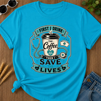 First Drink Coffee T-Shirt - Sapphire Mockup