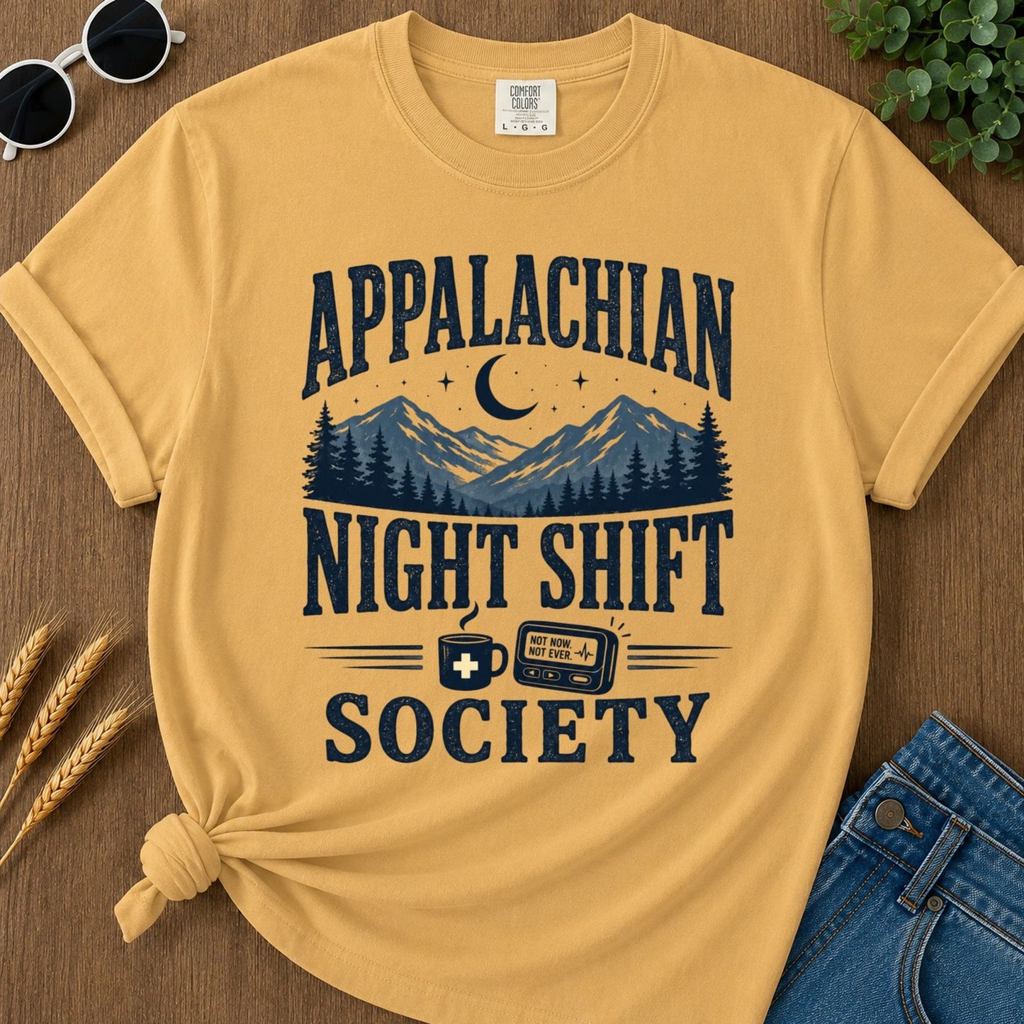 Appalachian Night Shift T-shirt - Mustard Mockup