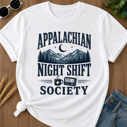 Appalachian Night Shift T-shirt - White Mockup